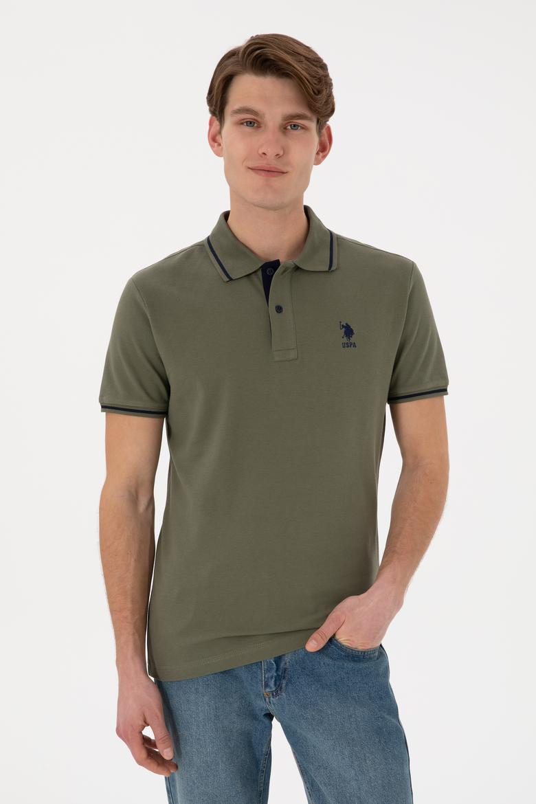 Erkek Slim Fit Polo Yaka Koyu Haki Basic Tişört