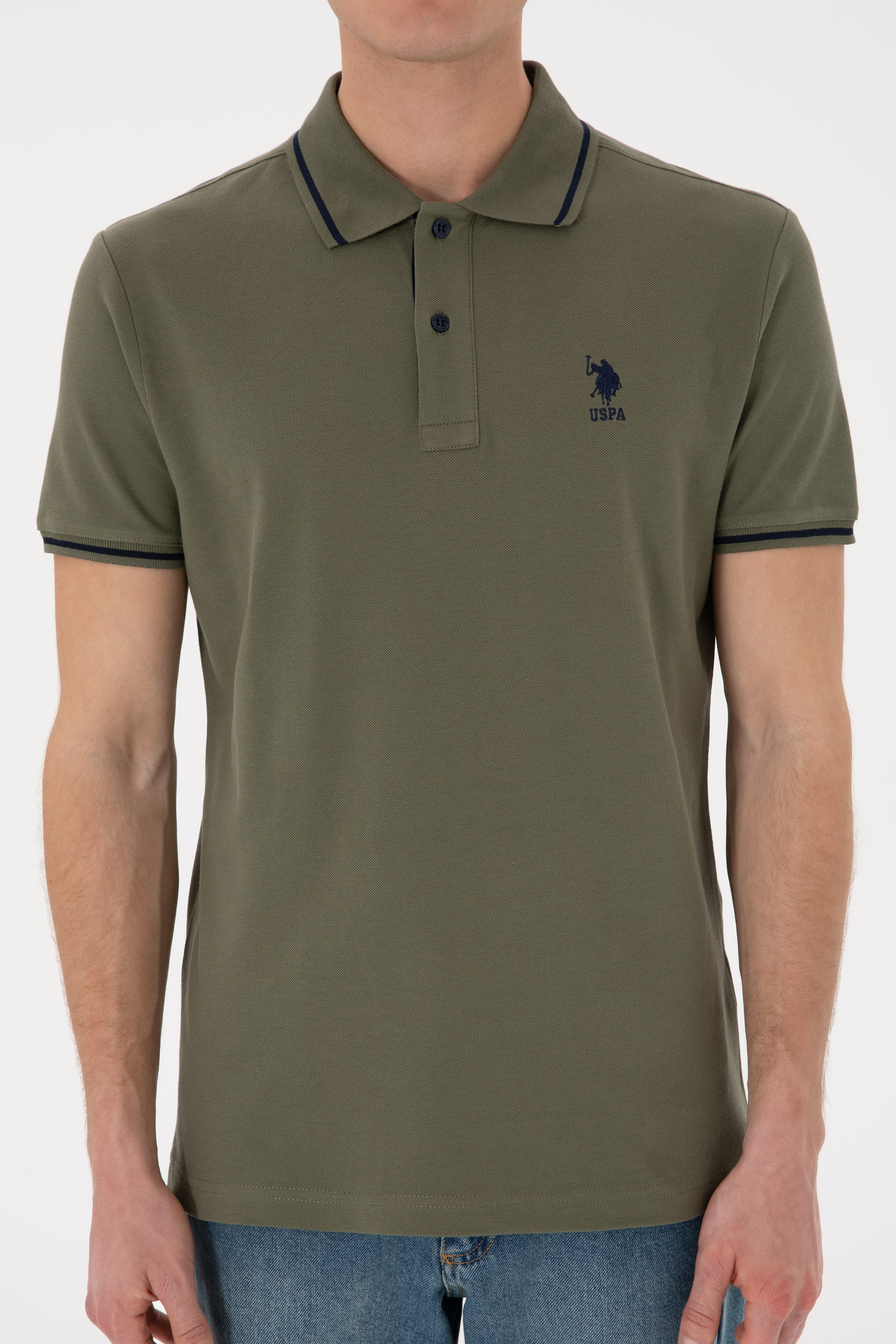 Erkek Slim Fit Polo Yaka Koyu Haki Basic Tişört - Image 7