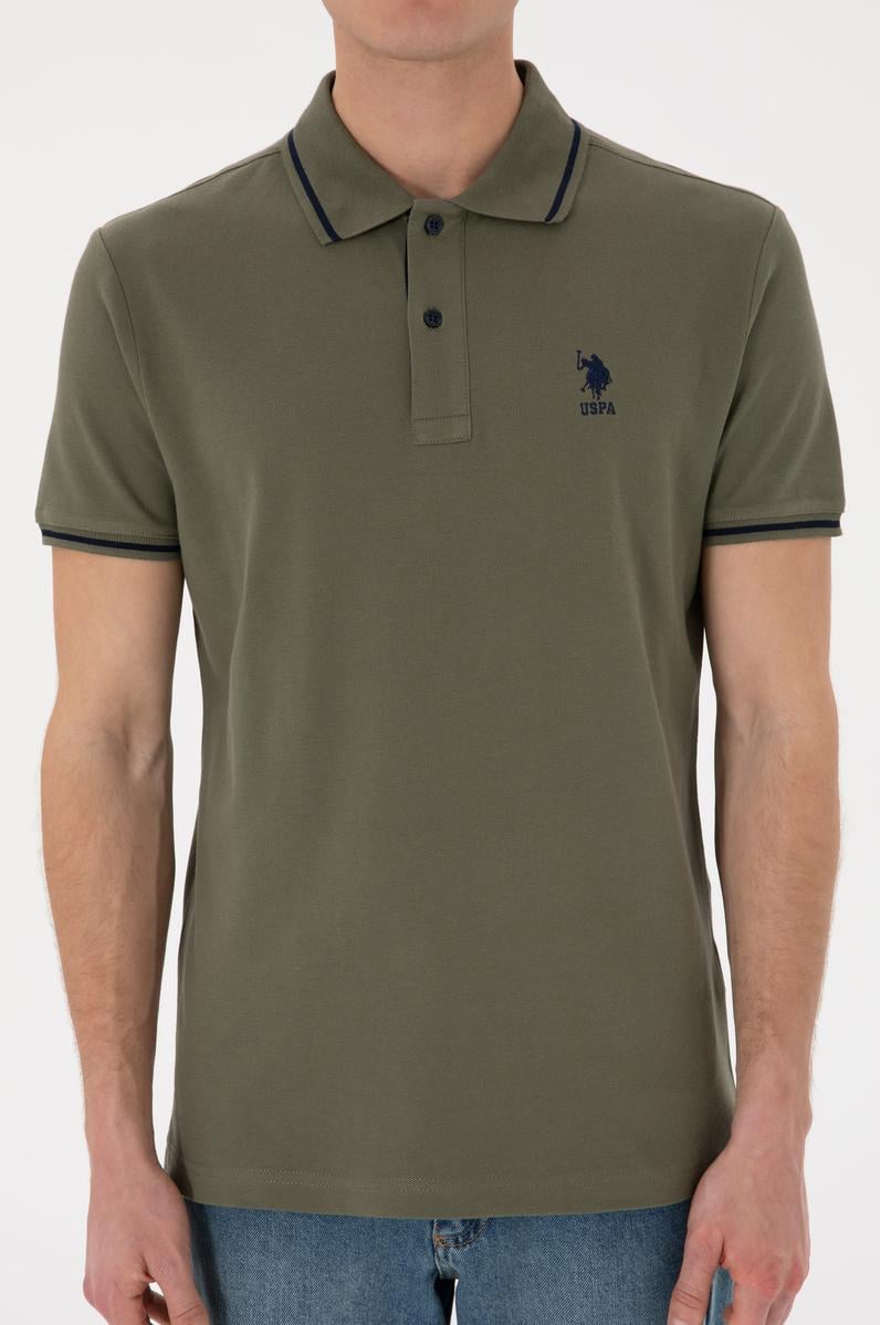 Erkek Slim Fit Polo Yaka Koyu Haki Basic Tişört