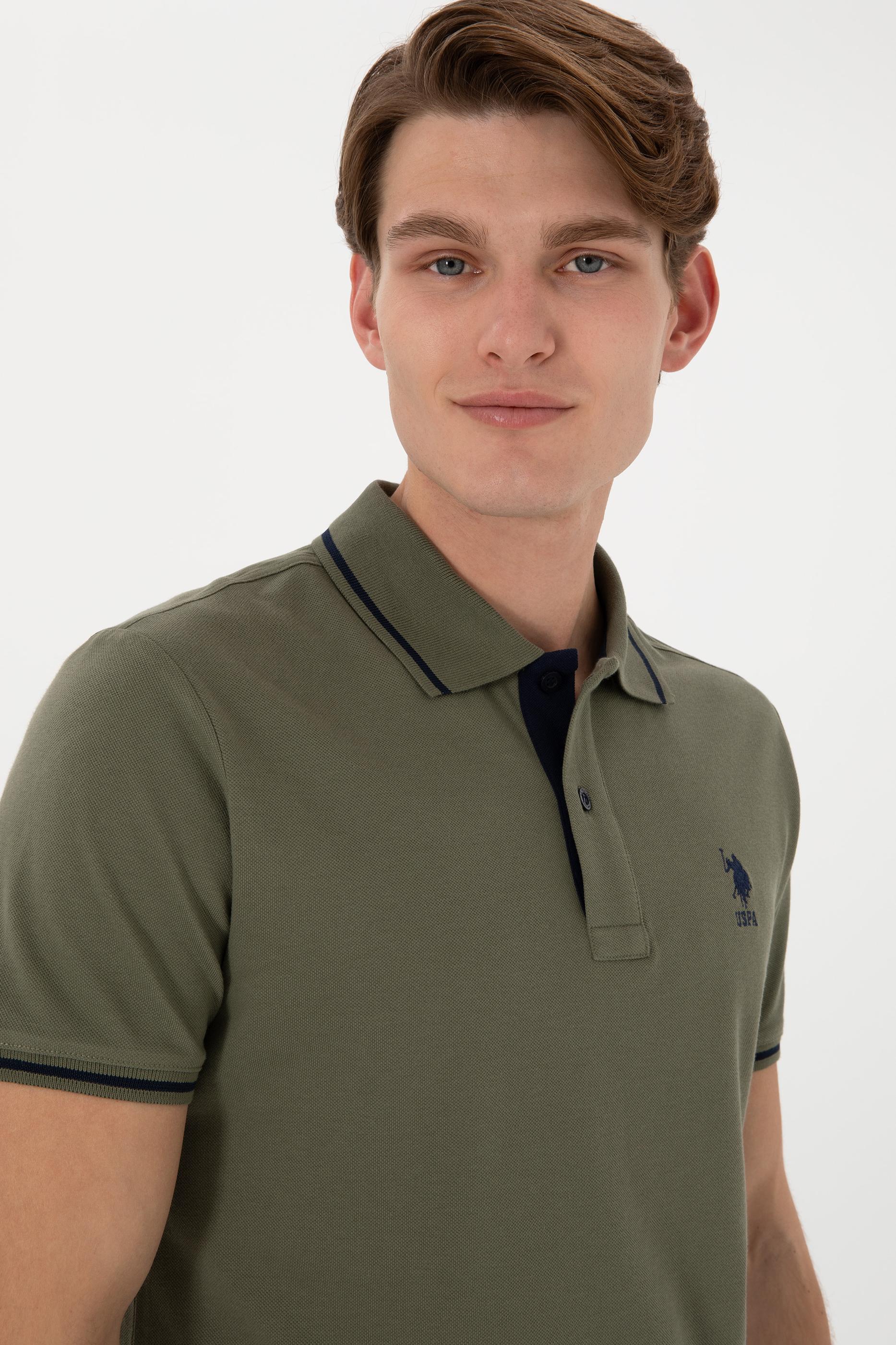 Erkek Slim Fit Polo Yaka Koyu Haki Basic Tişört