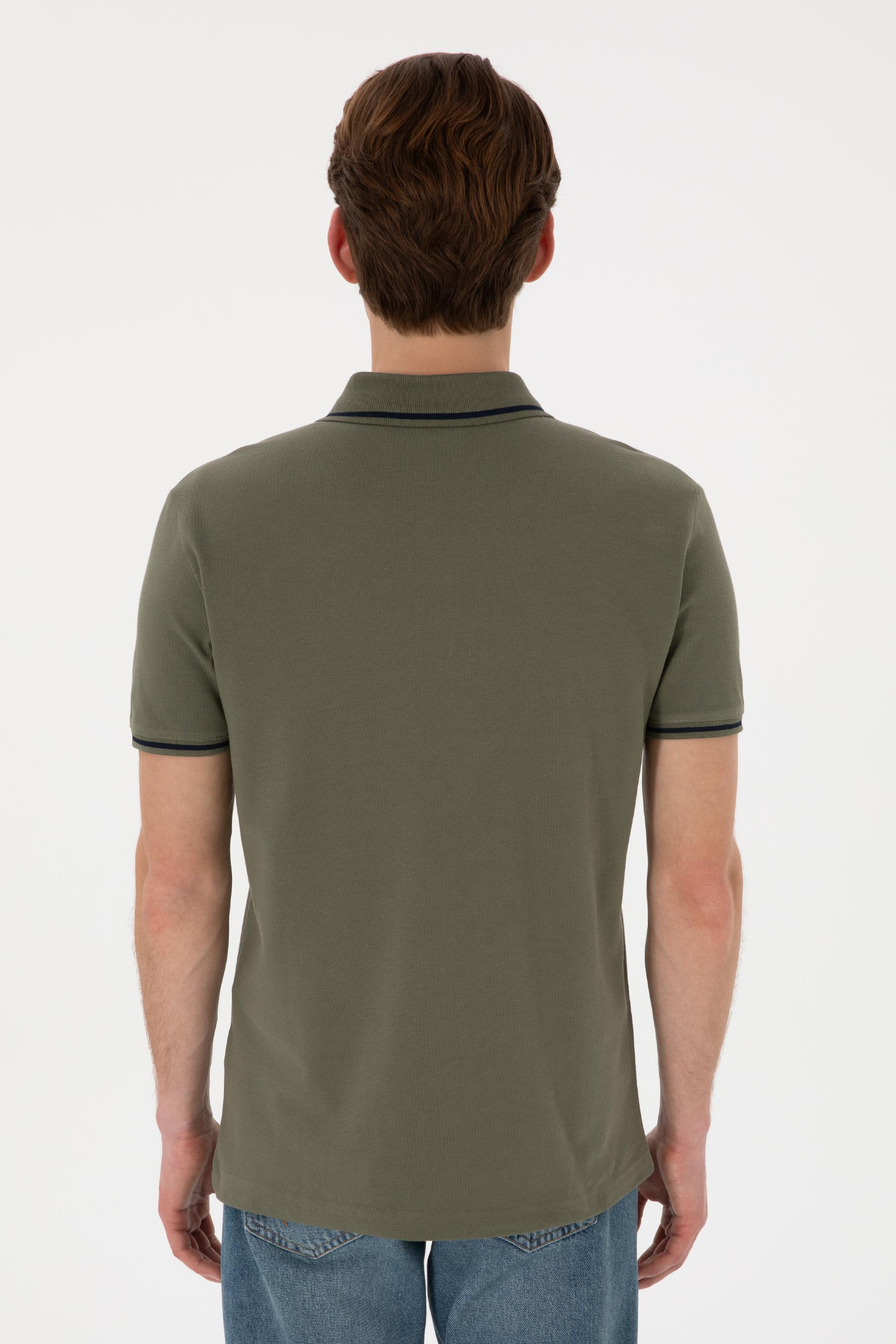 Erkek Slim Fit Polo Yaka Koyu Haki Basic Tişört