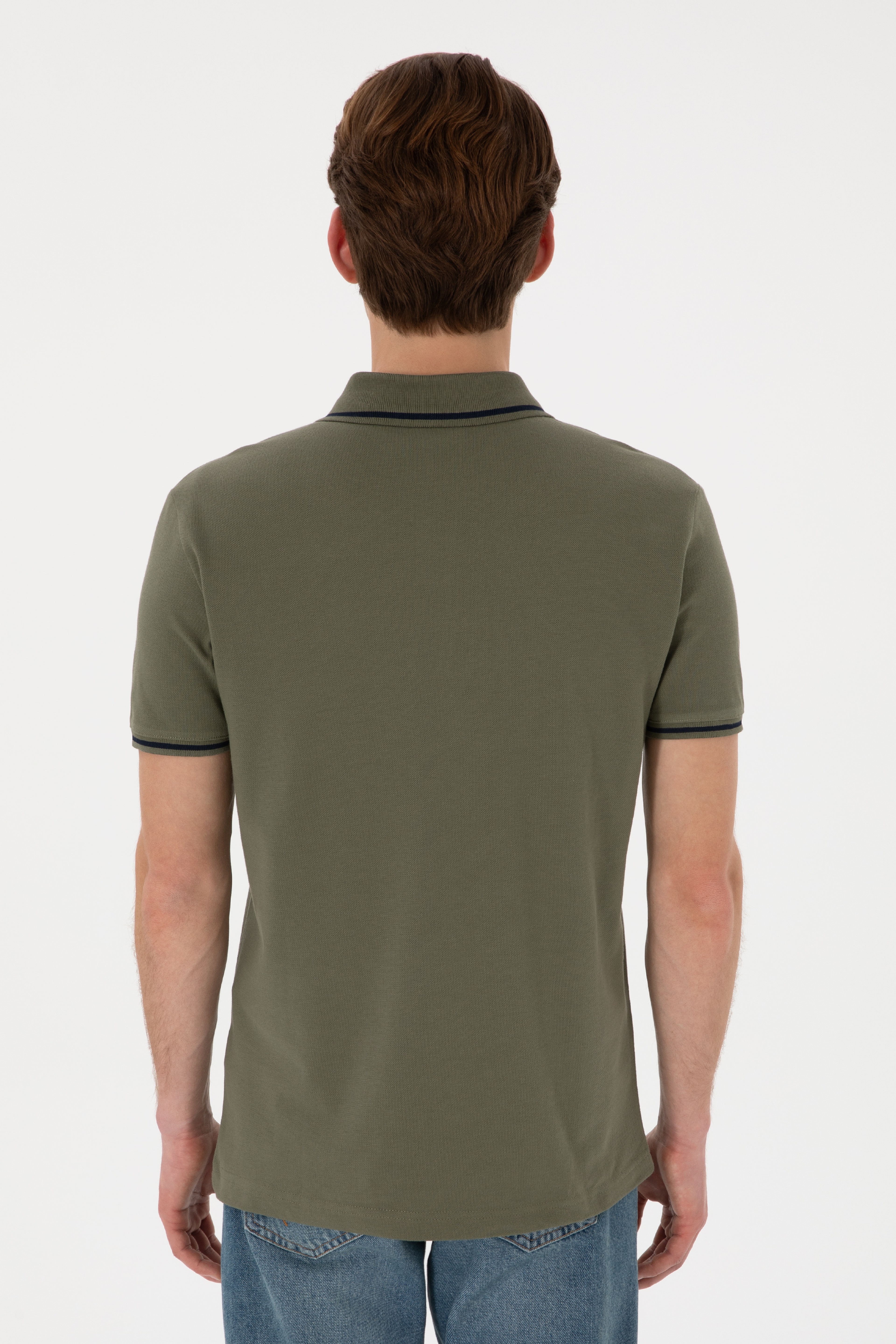 Erkek Slim Fit Polo Yaka Koyu Haki Basic Tişört - Image 6