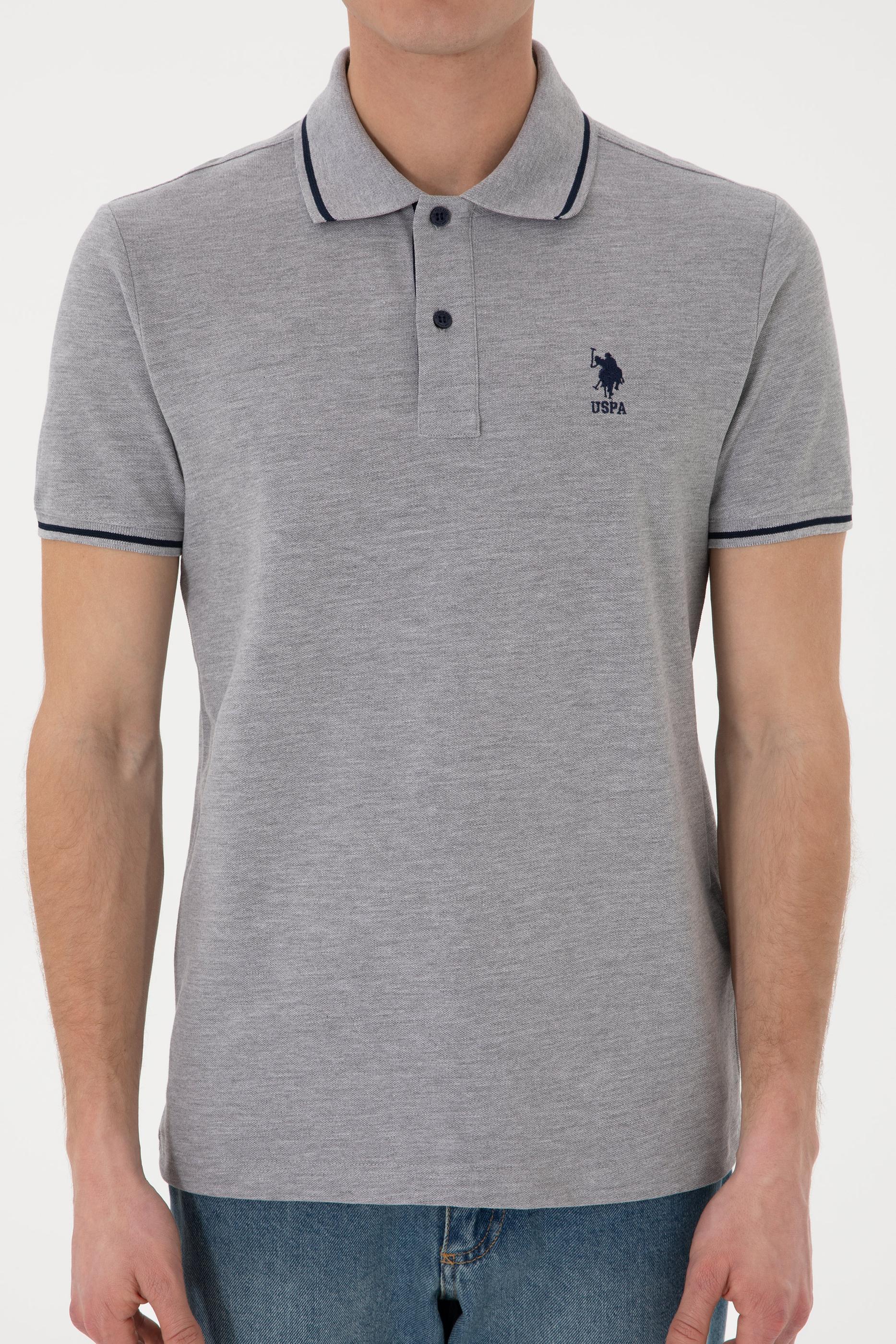 Erkek Slim Fit Polo Yaka Gri Melanj Basic Tişört