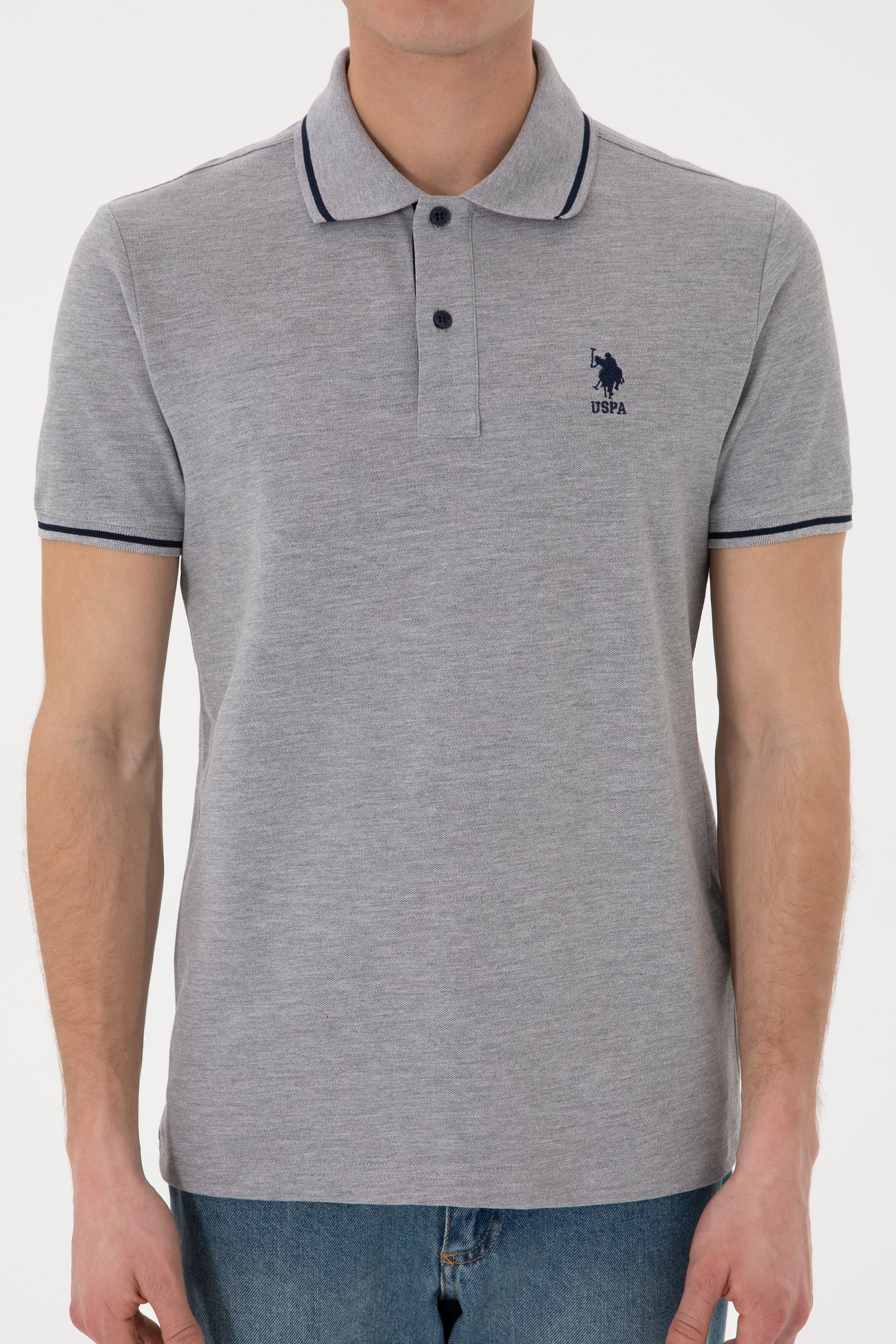 Erkek Slim Fit Polo Yaka Gri Melanj Basic Tişört - Image 7