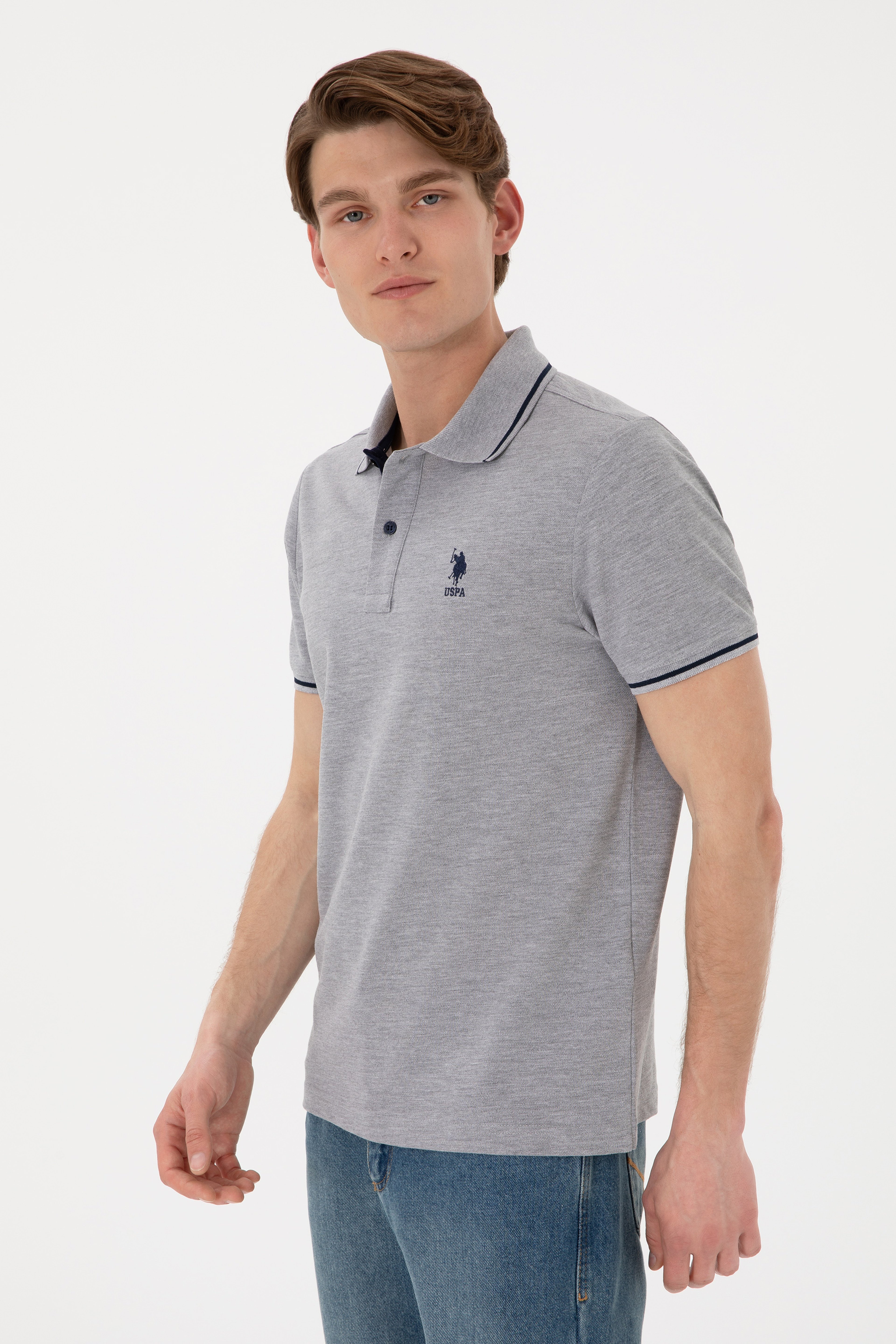 Erkek Slim Fit Polo Yaka Gri Melanj Basic Tişört