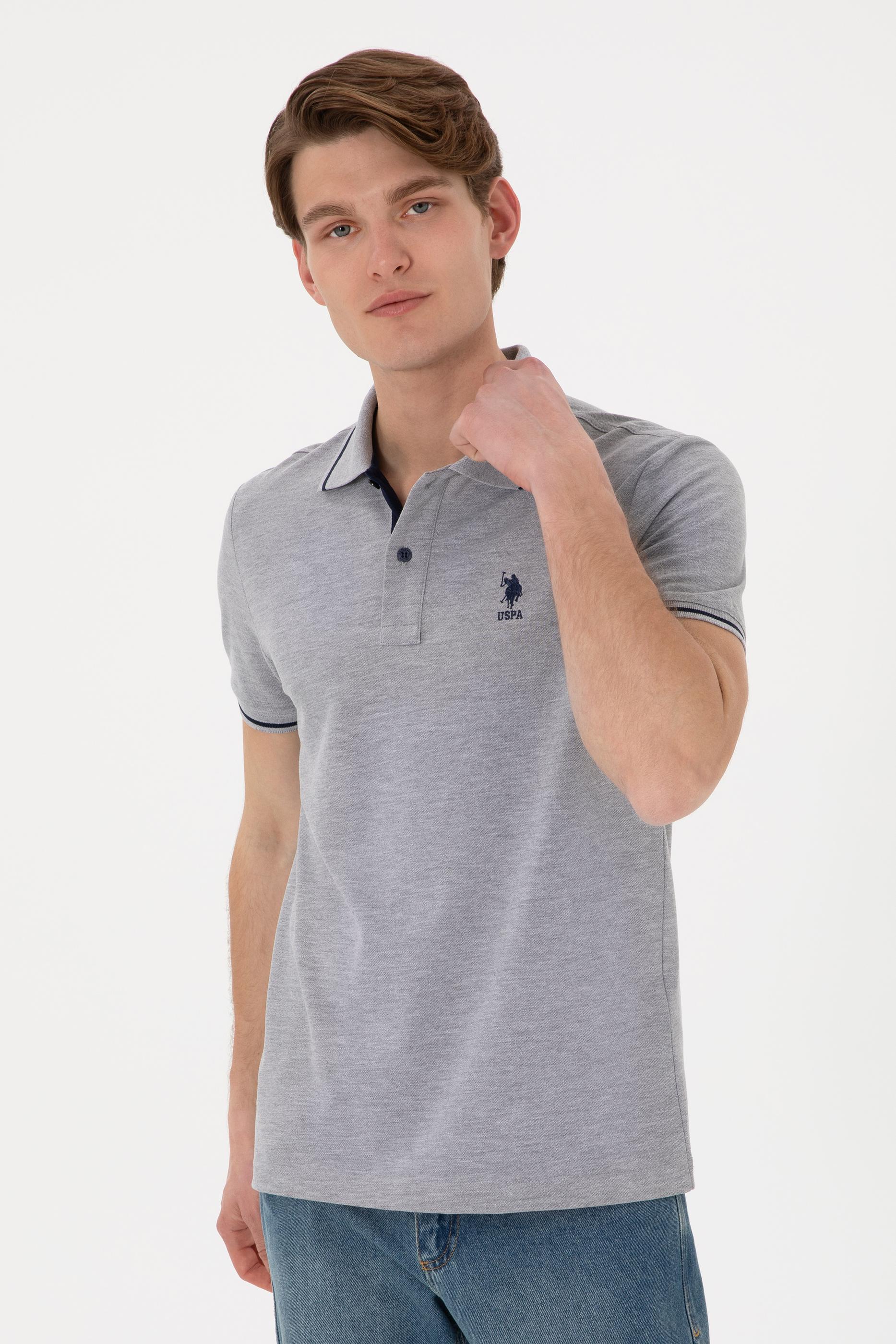 Erkek Slim Fit Polo Yaka Gri Melanj Basic Tişört