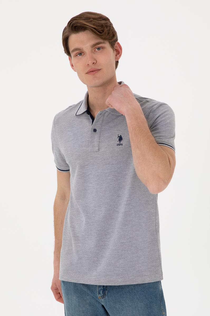 Erkek Slim Fit Polo Yaka Gri Melanj Basic Tişört