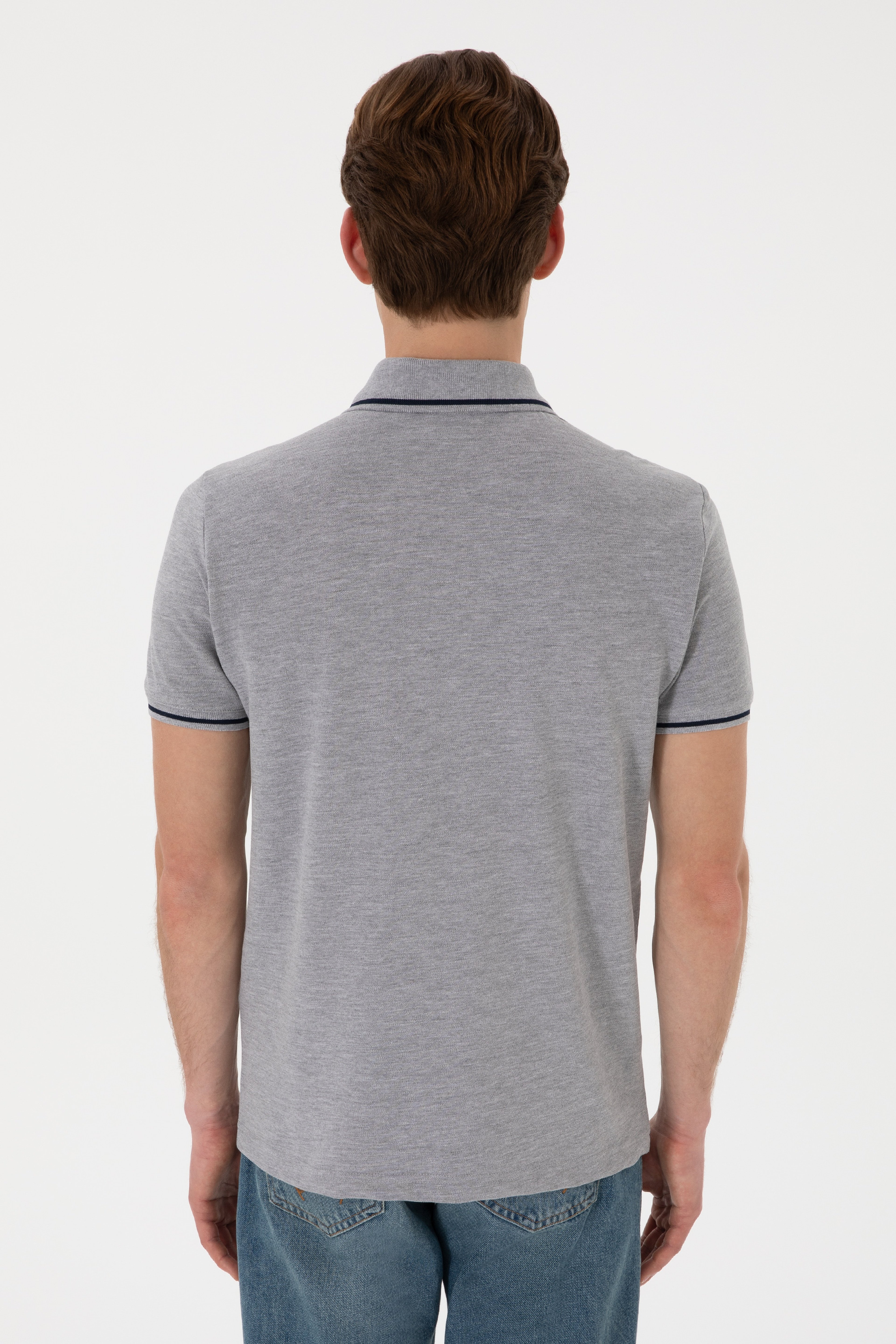 Erkek Slim Fit Polo Yaka Gri Melanj Basic Tişört