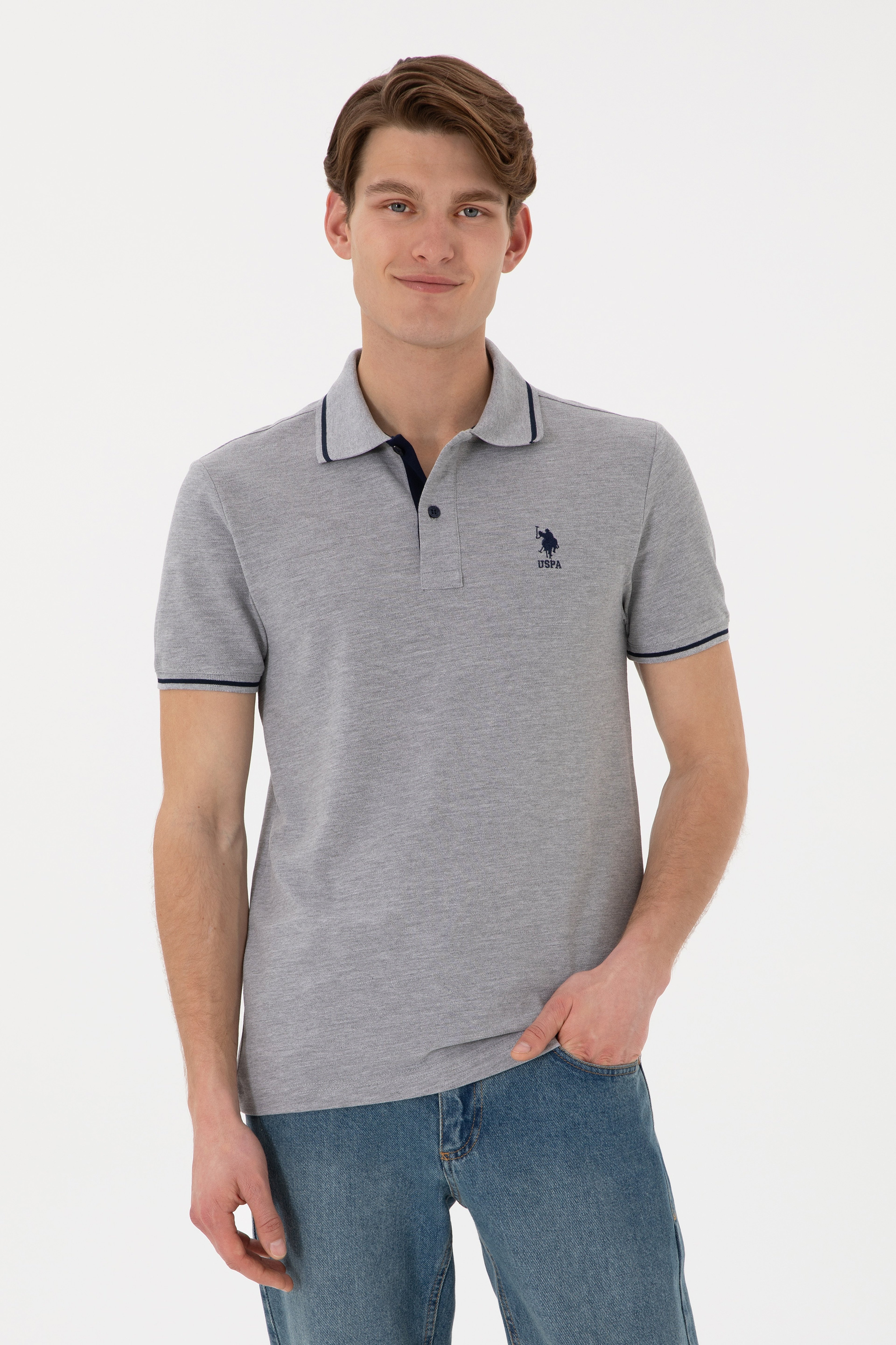 Erkek Slim Fit Polo Yaka Gri Melanj Basic Tişört - Image 1