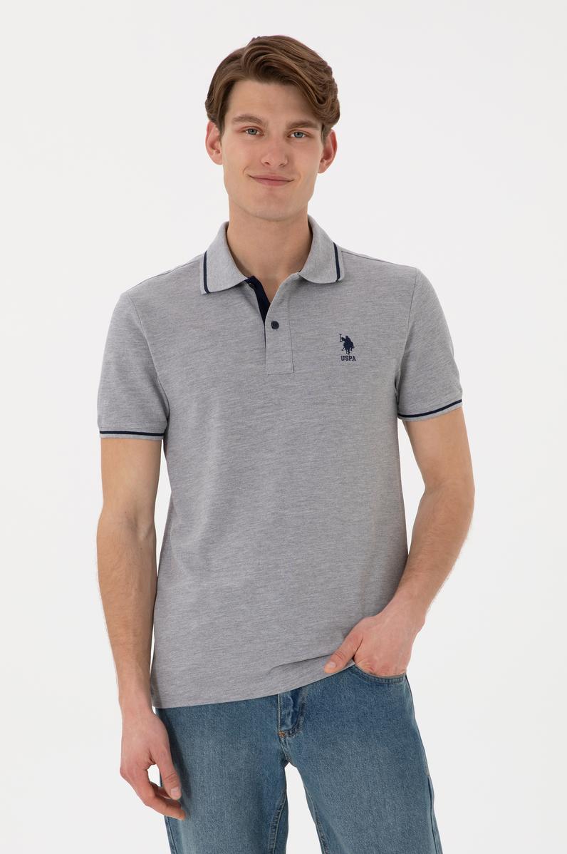 Erkek Slim Fit Polo Yaka Gri Melanj Basic Tişört