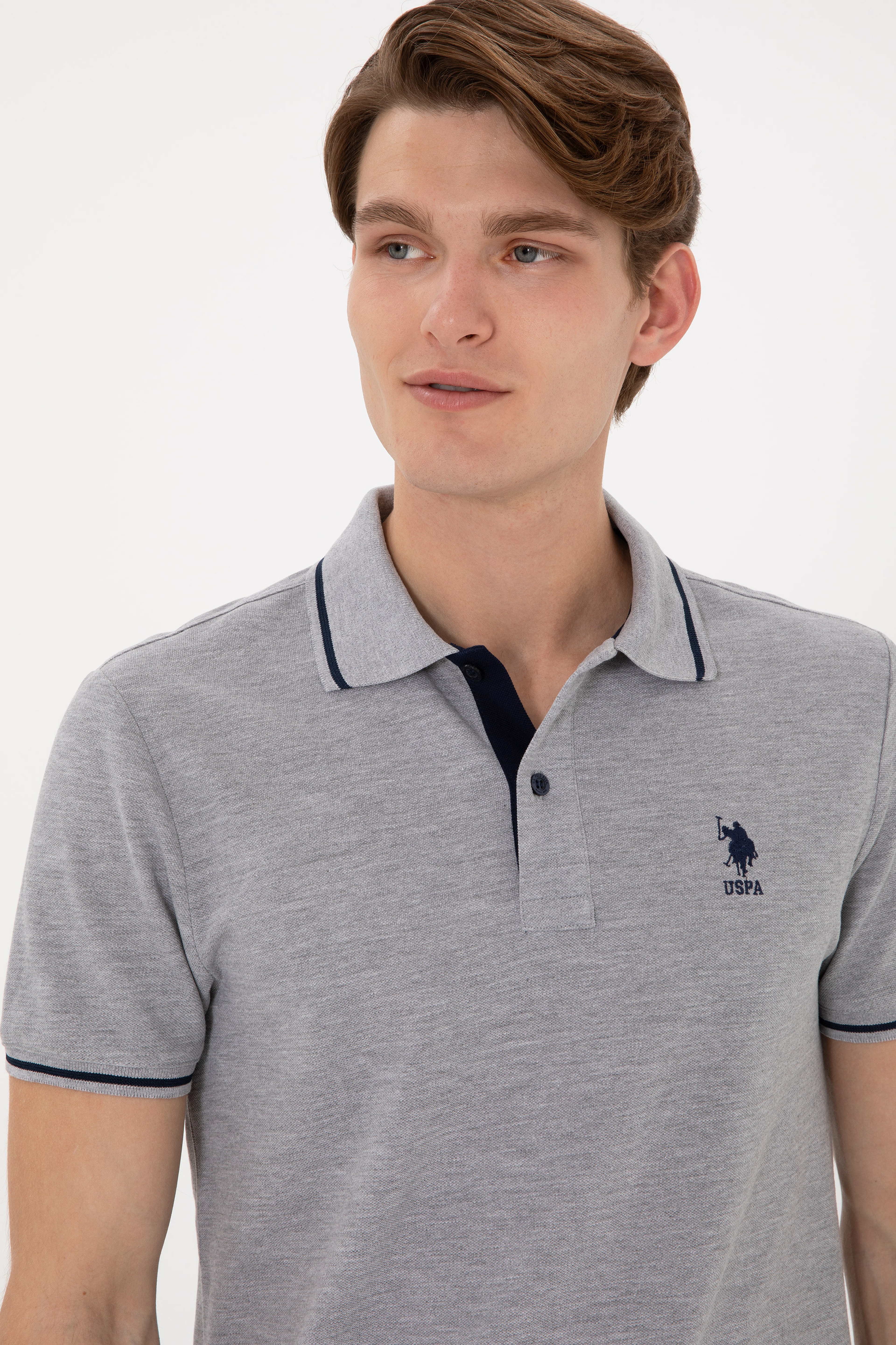 Erkek Slim Fit Polo Yaka Gri Melanj Basic Tişört - Image 3