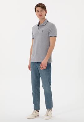 Erkek Slim Fit Polo Yaka Gri Melanj Basic Tişört - 50305980021