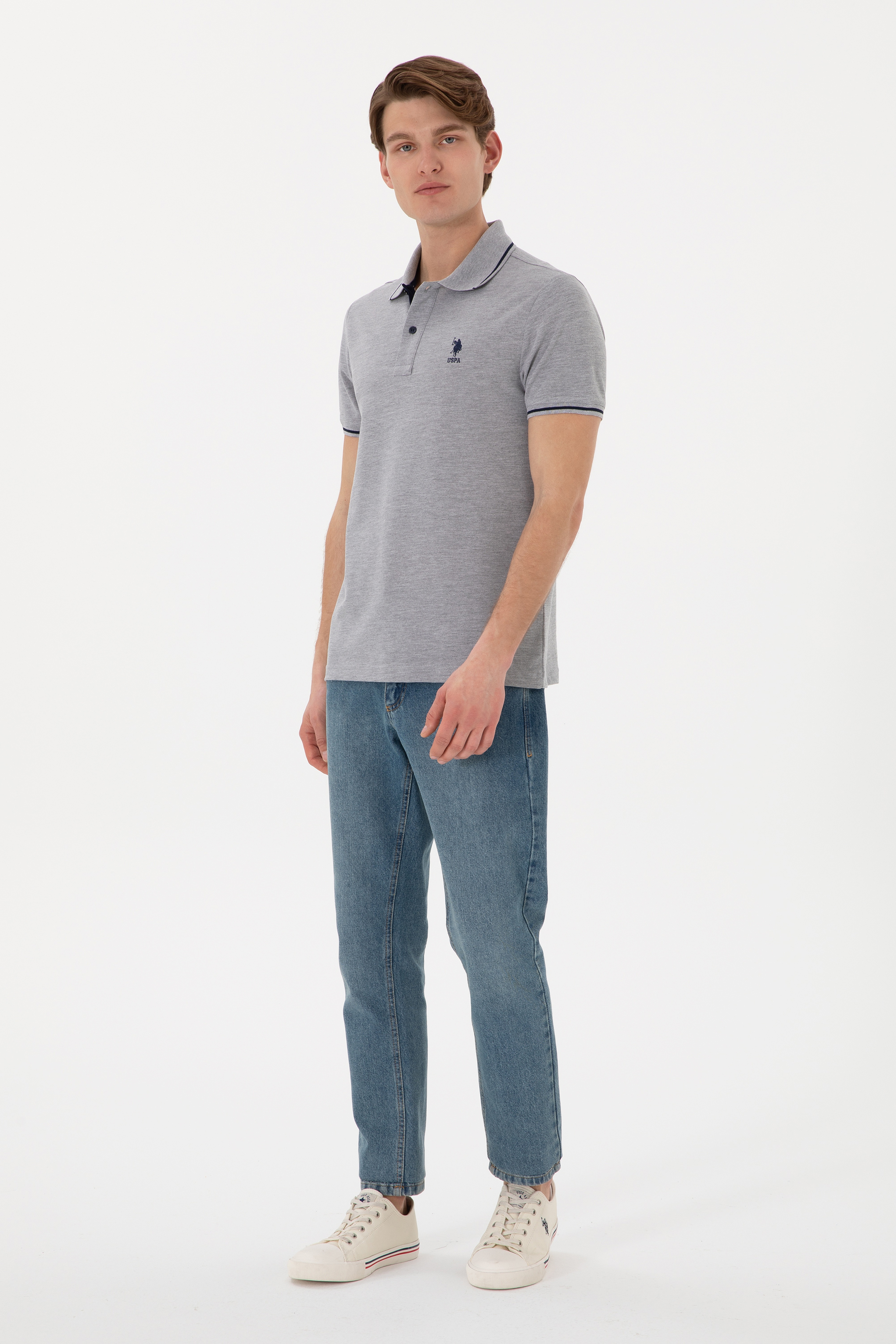 Erkek Slim Fit Polo Yaka Gri Melanj Basic Tişört - Image 5