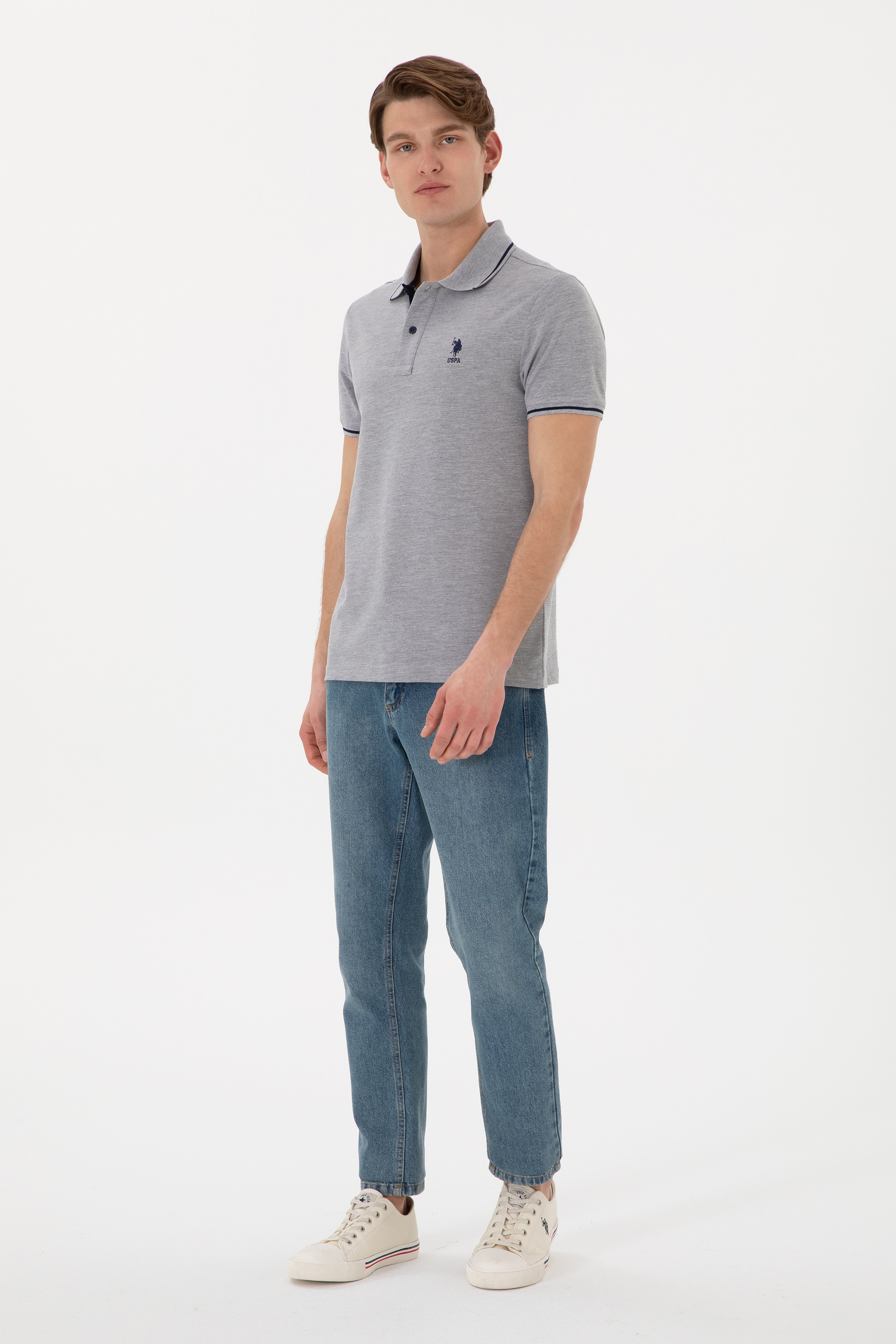 Erkek Slim Fit Polo Yaka Gri Melanj Basic Tişört