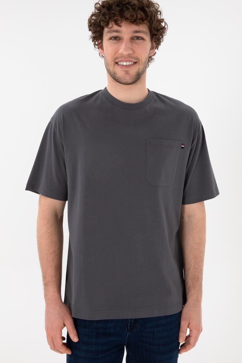 Erkek Comfort Fit Bisiklet Yaka Antrasit Tişört - 50305990056