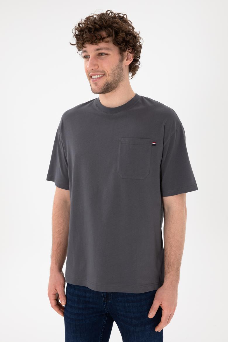 Erkek Comfort Fit Bisiklet Yaka Antrasit Tişört - 50305990056