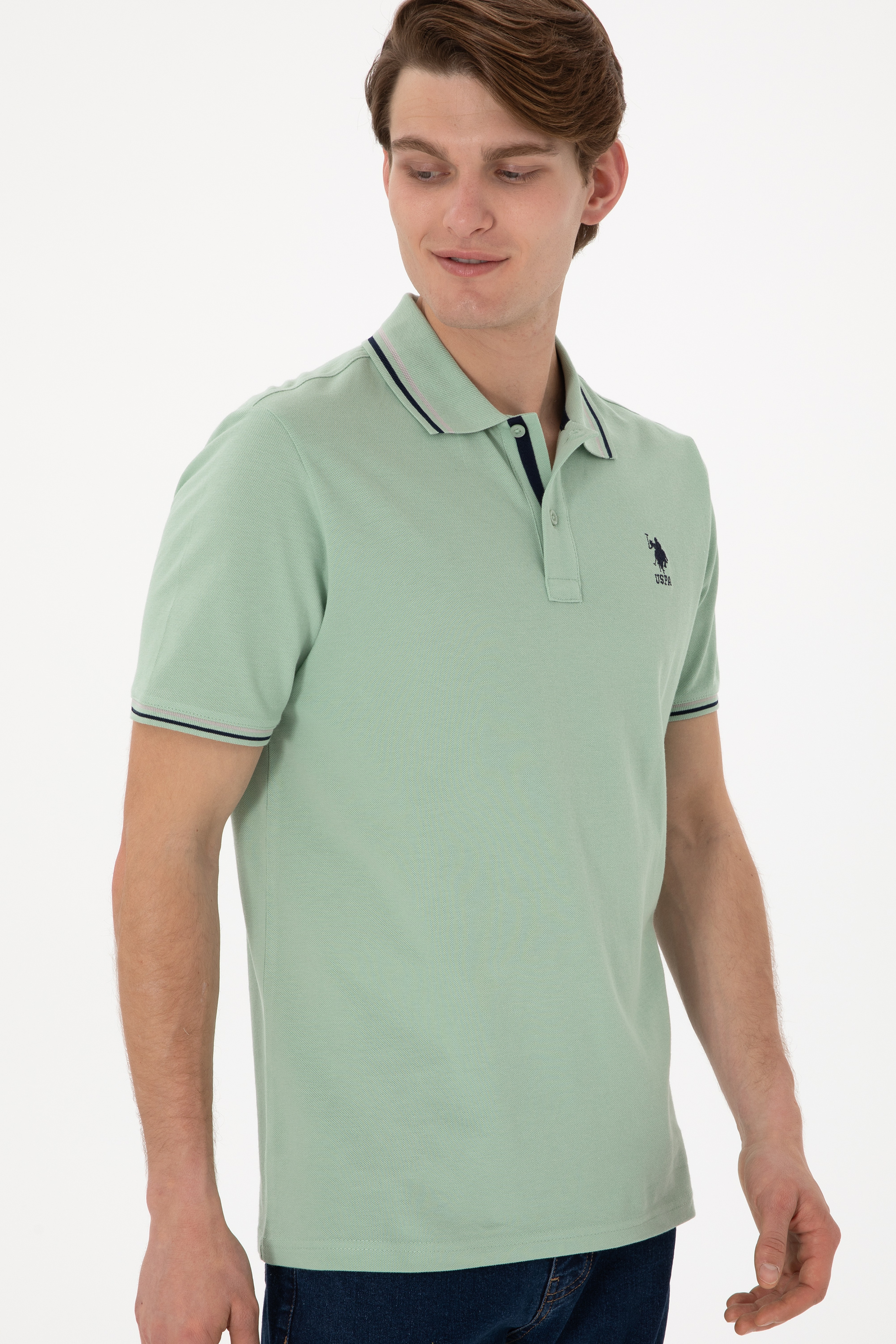 Erkek Regular Fit Polo Yaka Su Yeşili Basic Tişört