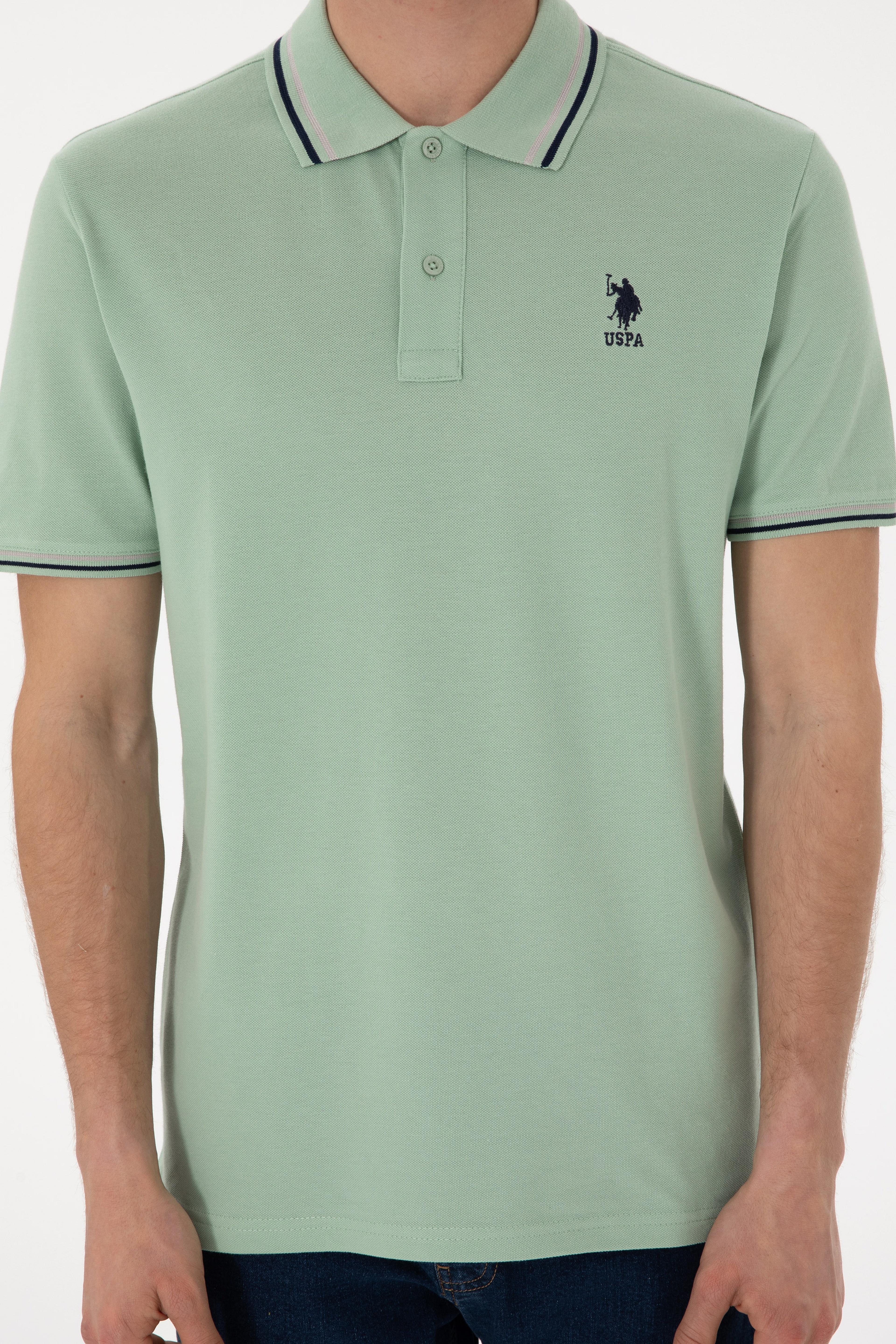 Erkek Regular Fit Polo Yaka Su Yeşili Basic Tişört - Image 7