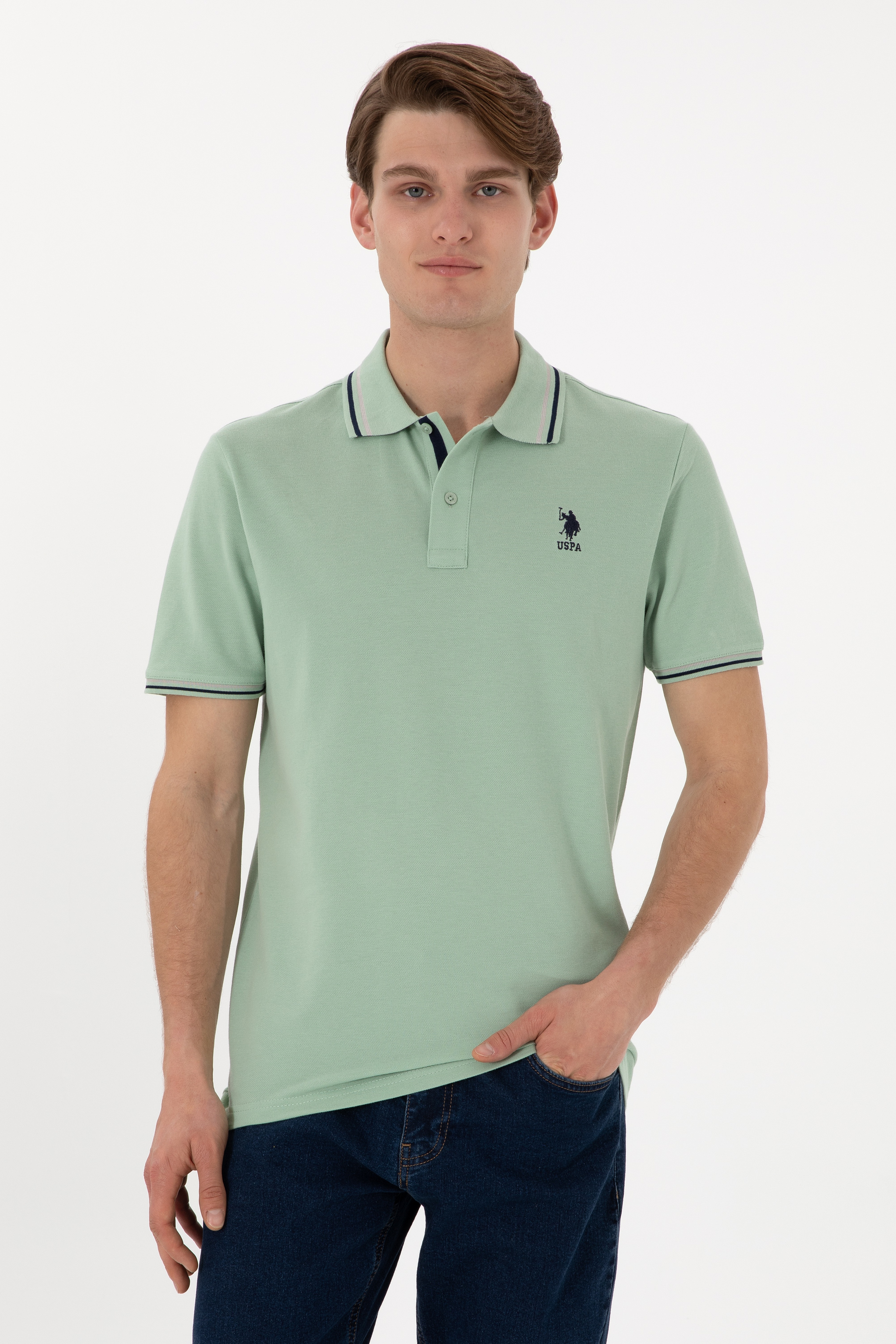 Erkek Regular Fit Polo Yaka Su Yeşili Basic Tişört - Image 1