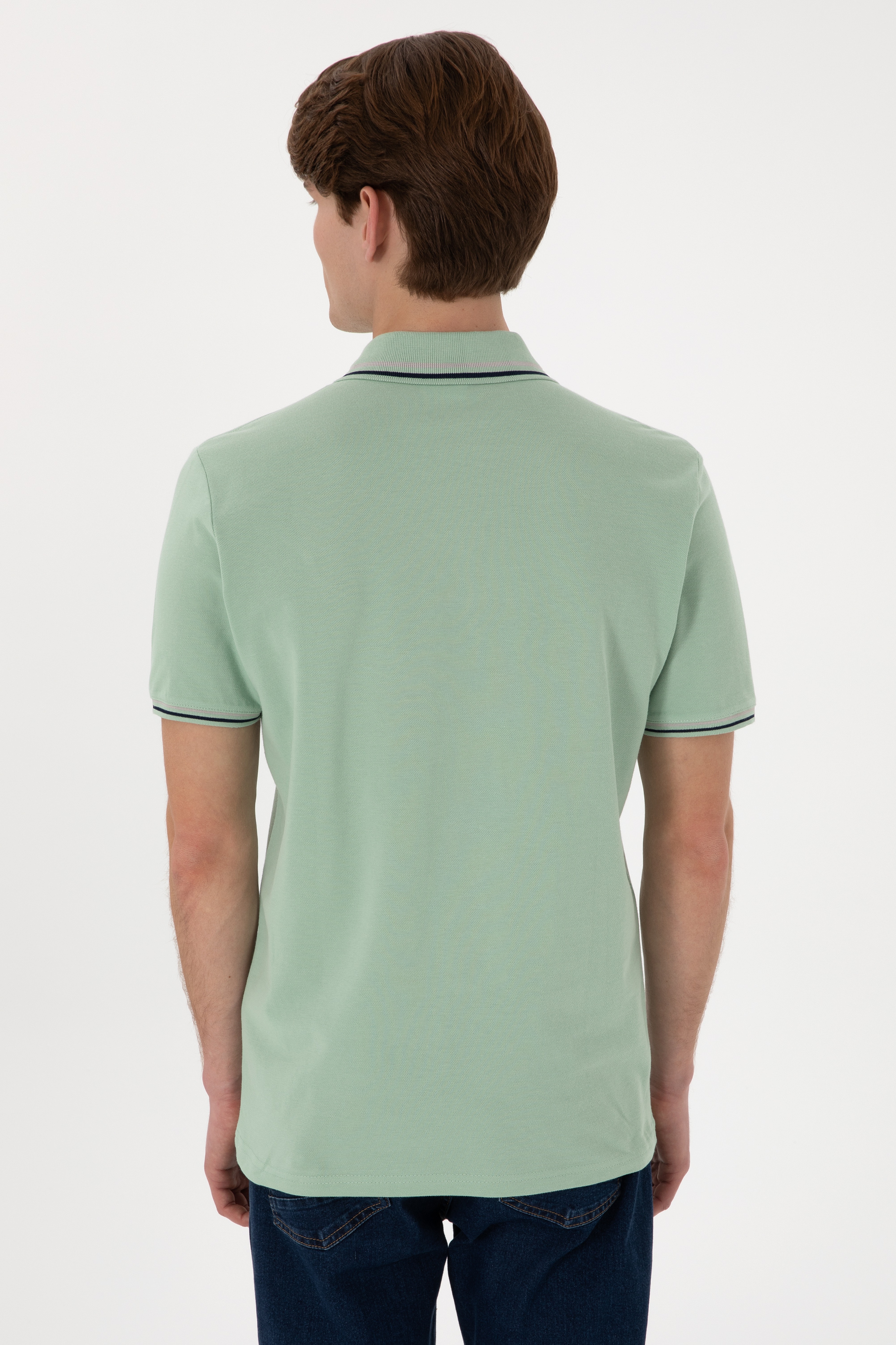 Erkek Regular Fit Polo Yaka Su Yeşili Basic Tişört - Image 6