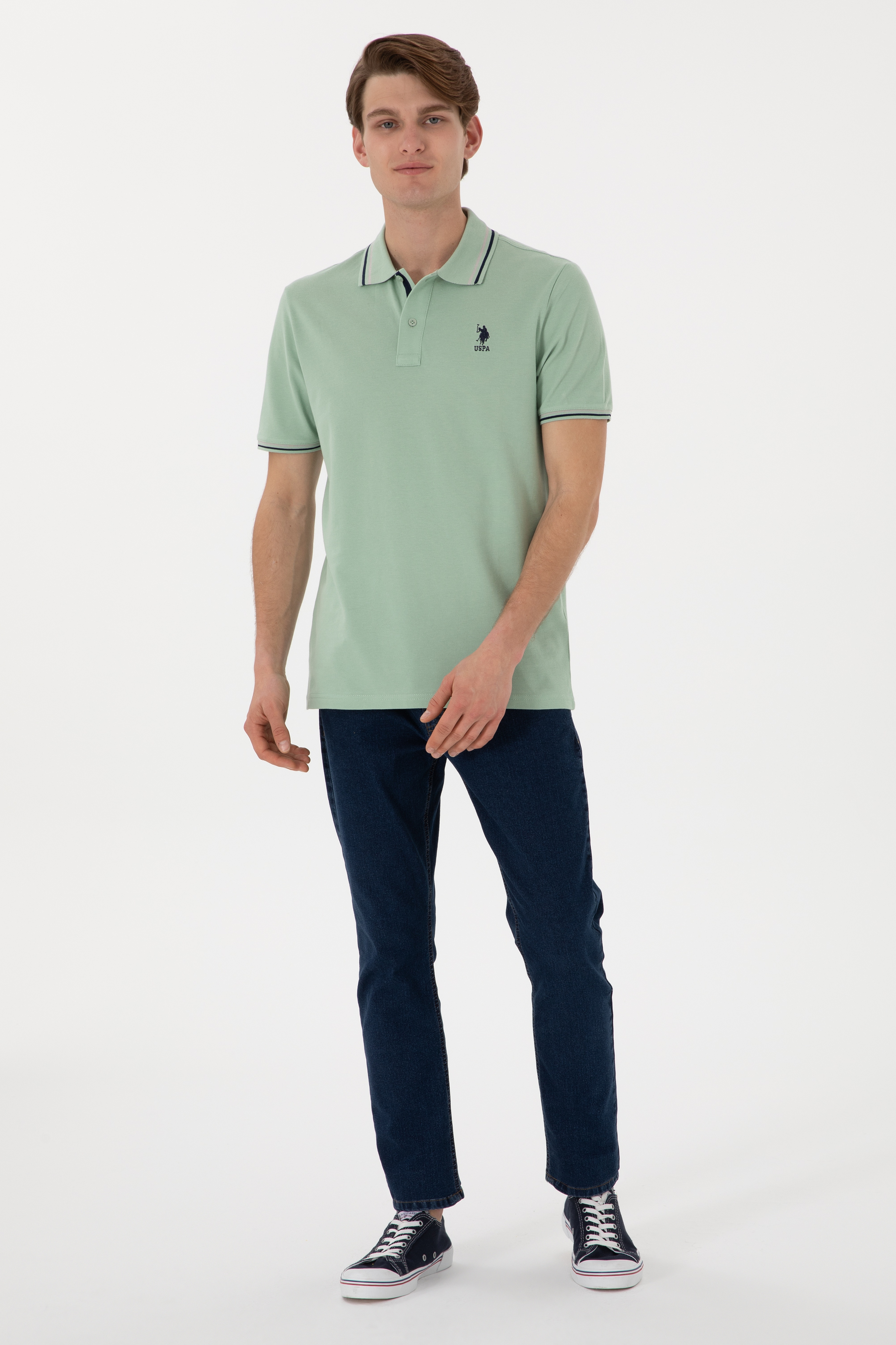 Erkek Regular Fit Polo Yaka Su Yeşili Basic Tişört - Image 5