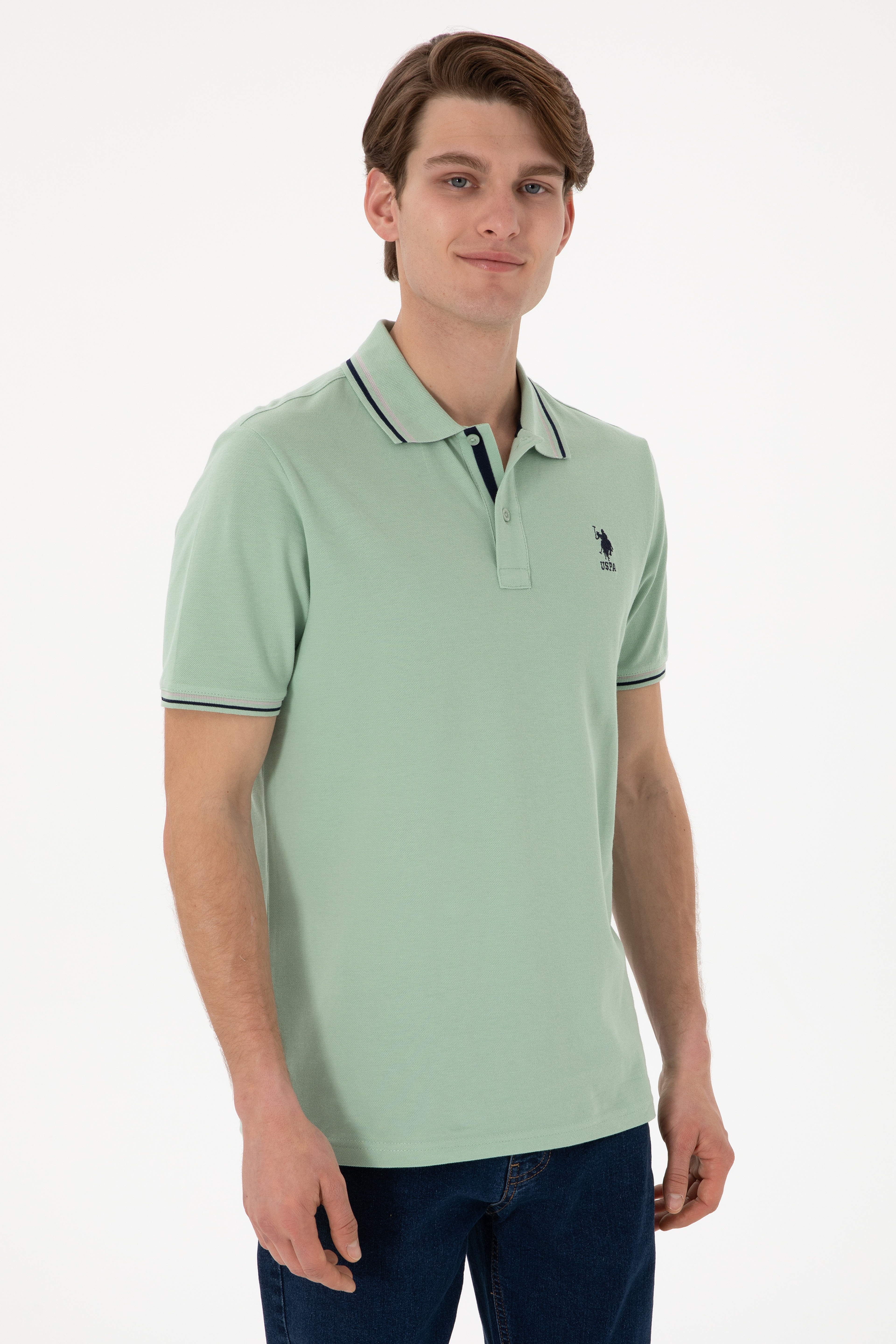 Erkek Regular Fit Polo Yaka Su Yeşili Basic Tişört - Image 2