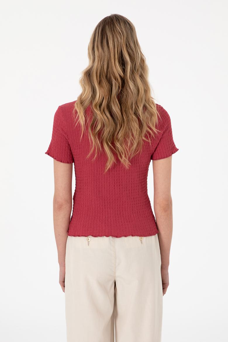 Kadın Vişne Dik Yaka Tişört - 50312951036