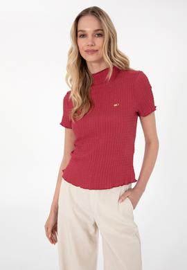 Kadın Vişne Dik Yaka Tişört - 50312951036