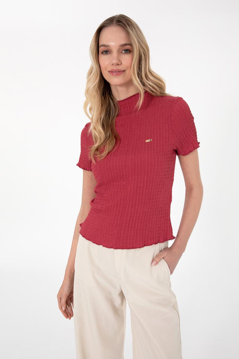 Kadın Vişne Dik Yaka Tişört - 50312951036