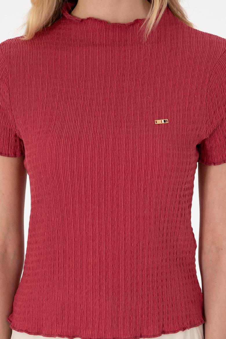 Kadın Vişne Dik Yaka Tişört - 50312951036