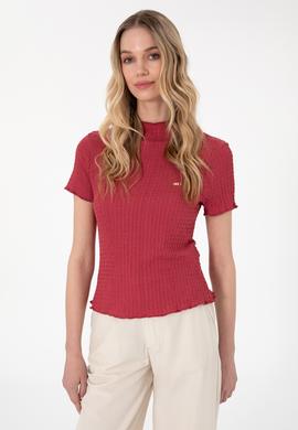 Kadın Vişne Dik Yaka Tişört - 50312951036