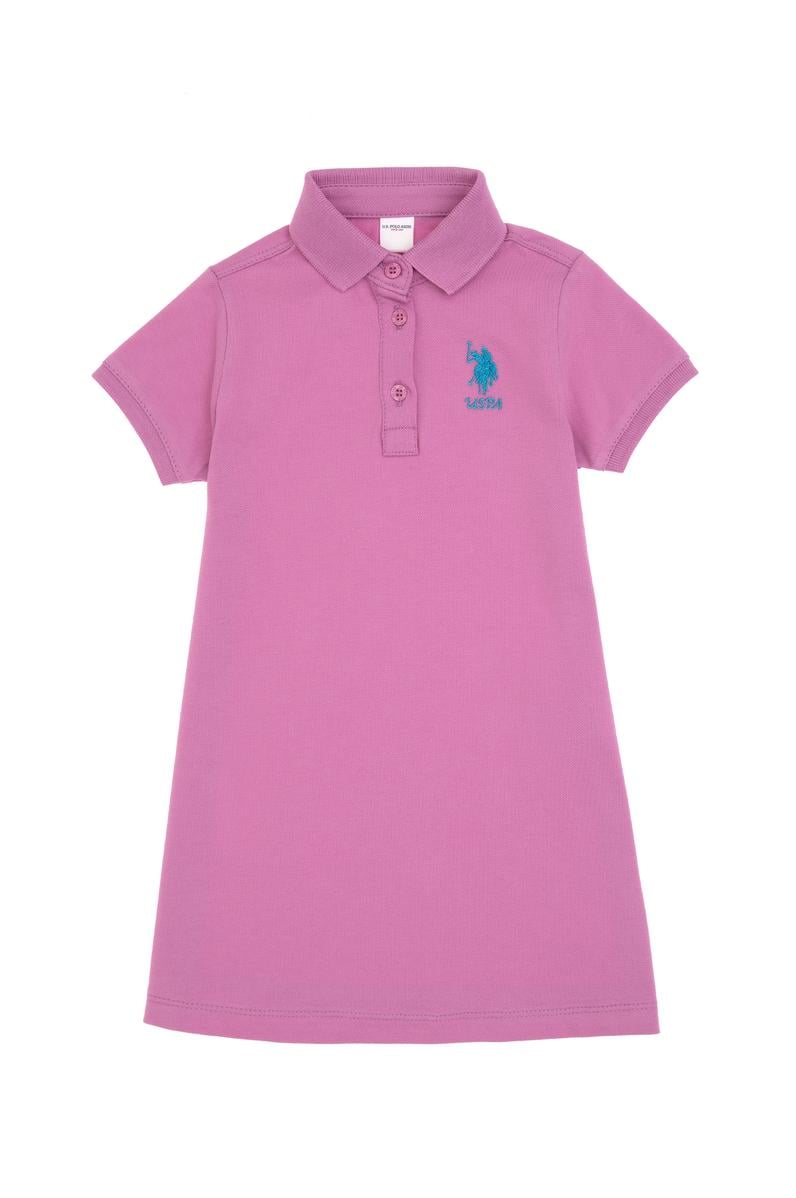 Kız Bebek Fuşya Polo Yaka Kısa Kol Basic Örme Elbise