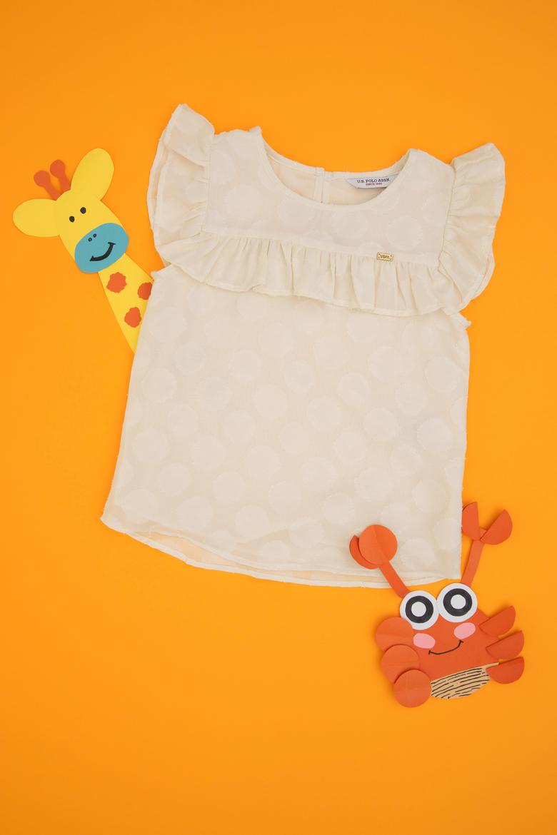 Kız Çocuk Ekru Yaka Fırfır Detaylı Kolsuz Gömlek