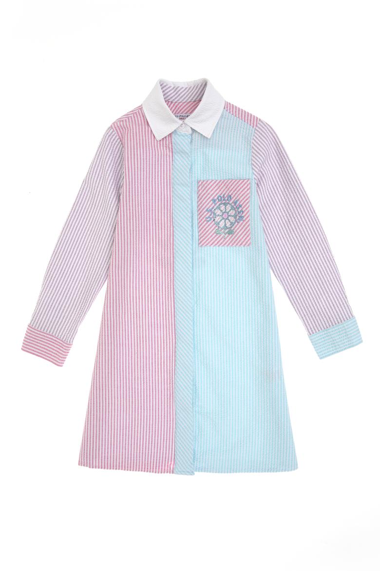 Kız Çocuk Renkli Uzun Kol Polo Yaka Payet Detaylı Dokuma Elbise - 50301083016