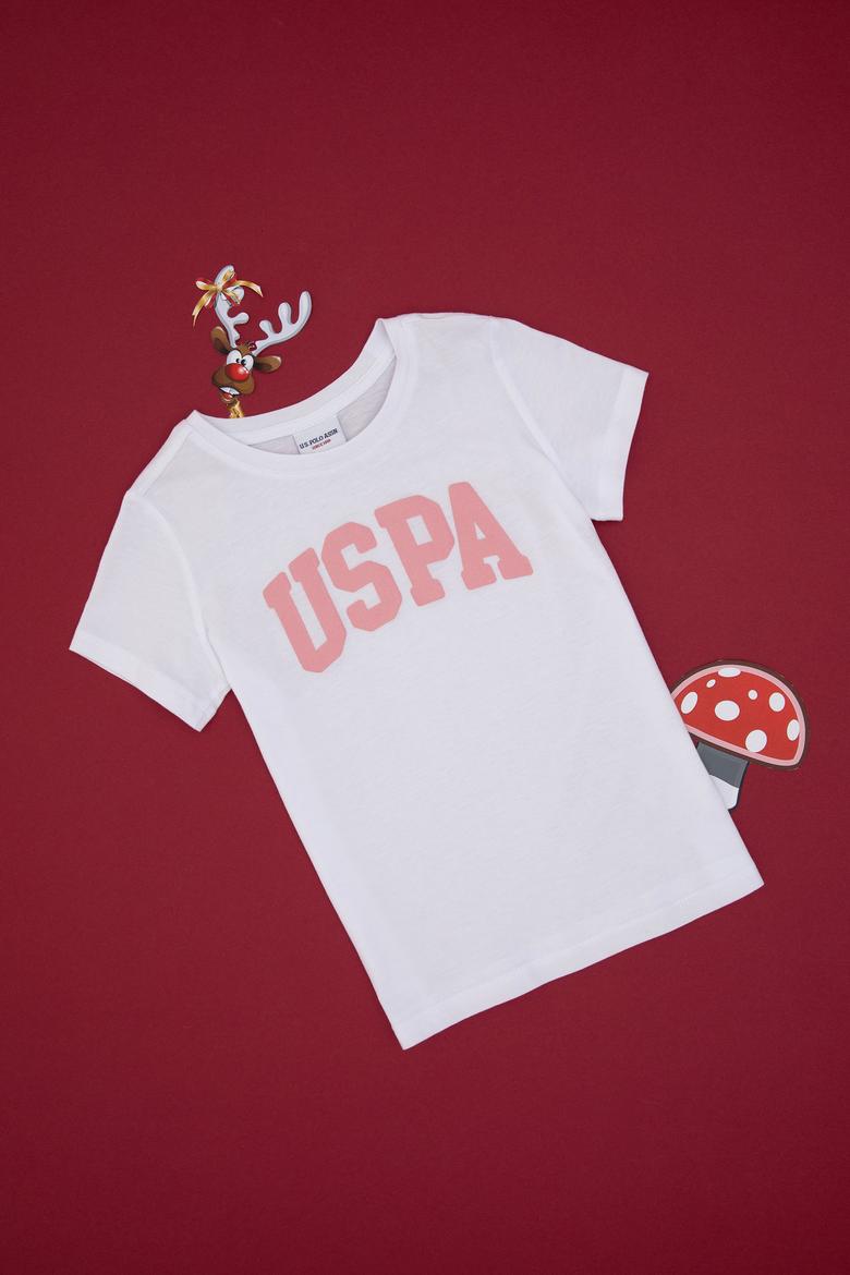 Kız Çocuk Beyaz Bisiklet Yaka Pamuk Simli Uspa Baskılı Basic Tişört - 50306042039