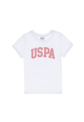 Kız Çocuk Beyaz Bisiklet Yaka Pamuk Simli Uspa Baskılı Basic Tişört - 50306042039