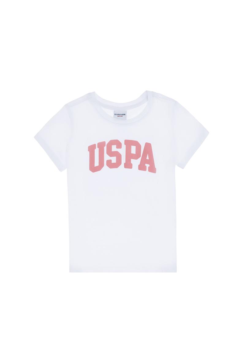 Kız Çocuk Beyaz Bisiklet Yaka Pamuk Simli Uspa Baskılı Basic Tişört - 50306042039
