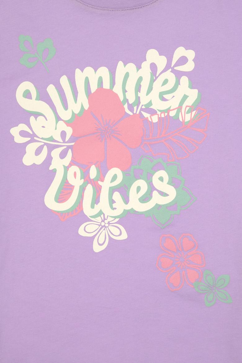 Kız Çocuk Lila Comfort Bisiklet Yaka Çiçek Baskılı Pamuk Tişört - 50306203008