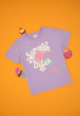 Kız Çocuk Lila Comfort Bisiklet Yaka Çiçek Baskılı Pamuk Tişört - 50306203008