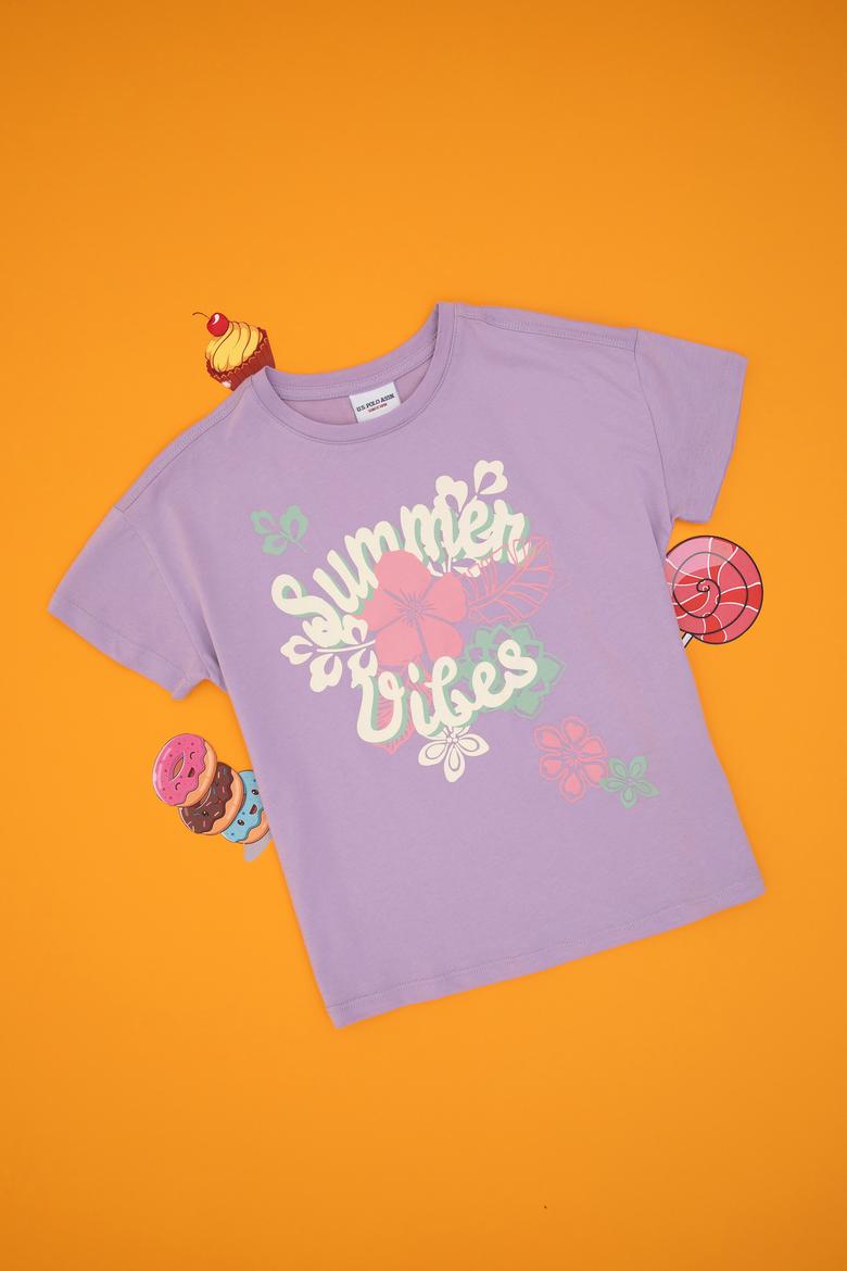 Kız Çocuk Lila Comfort Bisiklet Yaka Çiçek Baskılı Pamuk Tişört - 50306203008