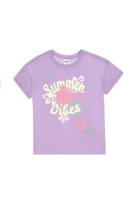 Kız Çocuk Lila Comfort Bisiklet Yaka Çiçek Baskılı Pamuk Tişört - 50306203008