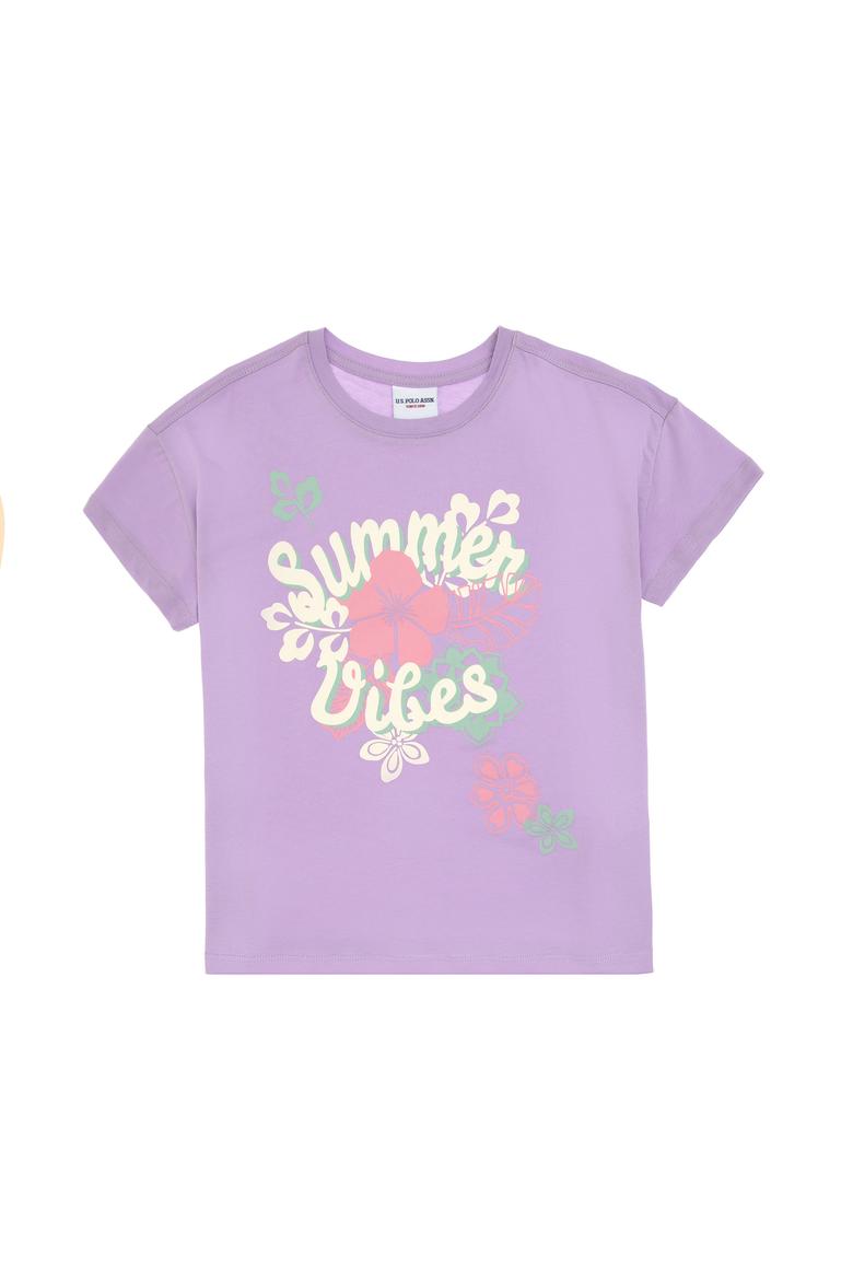 Kız Çocuk Lila Comfort Bisiklet Yaka Çiçek Baskılı Pamuk Tişört - 50306203008
