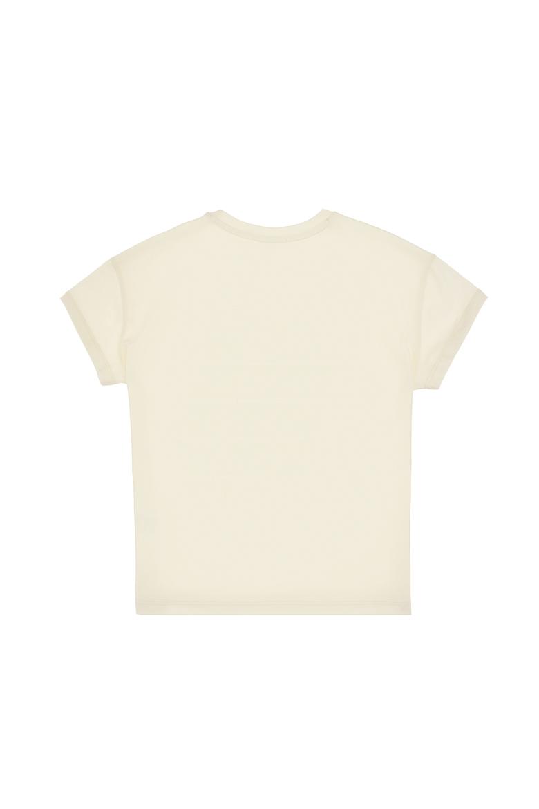 Kız Çocuk Krem Comfort Bisiklet Yaka Renkli Çizgi Baskılı Pamuk Tişört - 50306194010