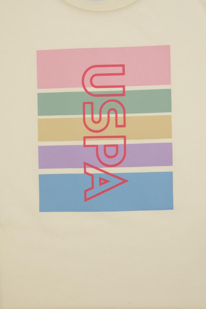 Kız Çocuk Krem Comfort Bisiklet Yaka Renkli Çizgi Baskılı Pamuk Tişört - 50306194010