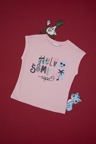 Kız Çocuk Açık Pembe Bisiklet Yaka Baskılı Pamuk Tişört