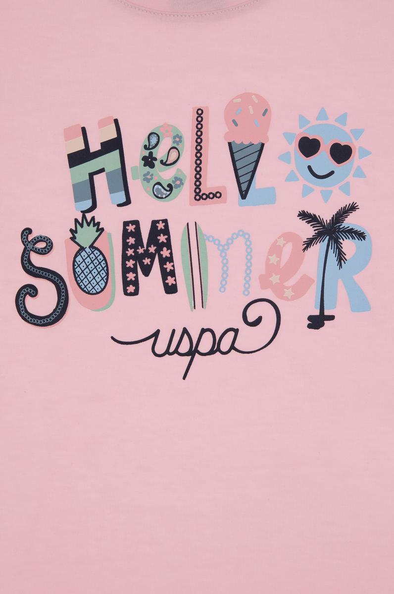 Kız Çocuk Açık Pembe Bisiklet Yaka Baskılı Pamuk Tişört