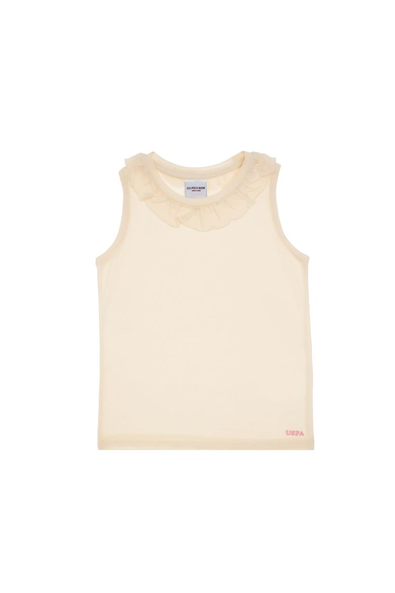 Kız Çocuk Krem Bisiklet Yaka Fırfır Detaylı Kolsuz Tişört - 50306242051