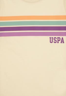 Kız Çocuk Krem Bisiklet Yaka Renkli Çizgi Baskılı Pamuk Tişört - 50306253012