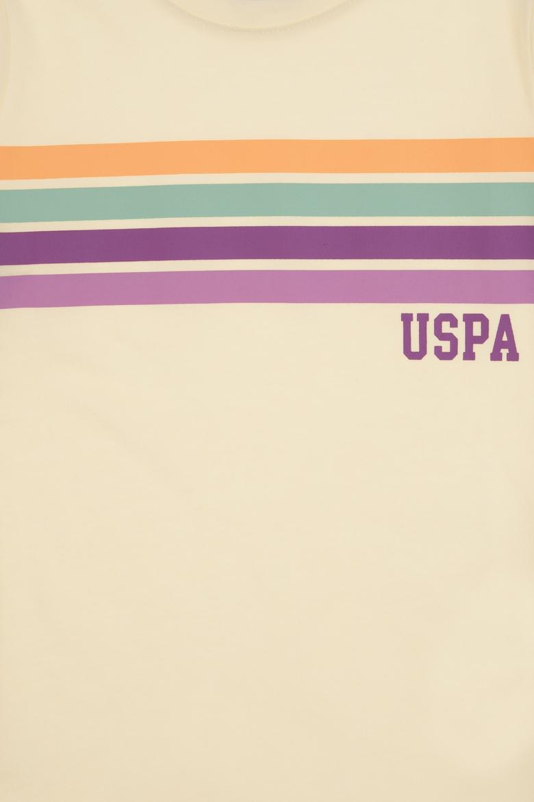 Kız Çocuk Krem Bisiklet Yaka Renkli Çizgi Baskılı Pamuk Tişört - 50306253012