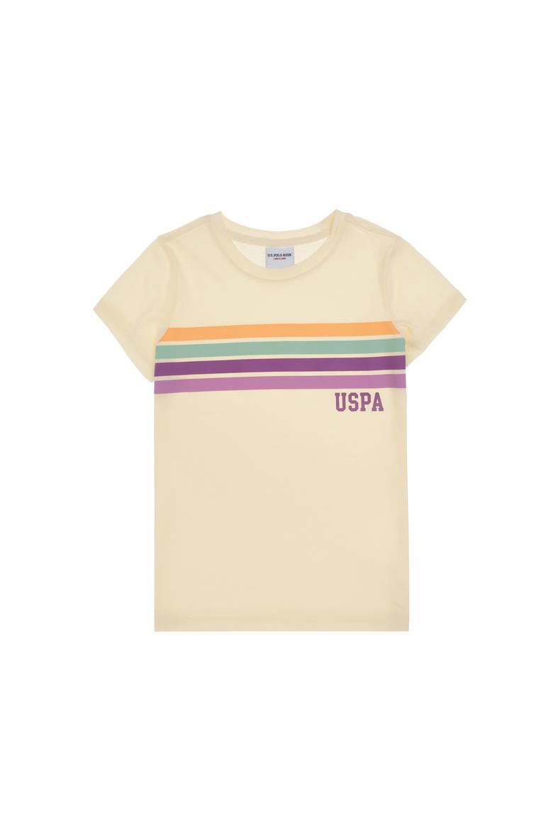 Kız Çocuk Krem Bisiklet Yaka Renkli Çizgi Baskılı Pamuk Tişört - 50306253012